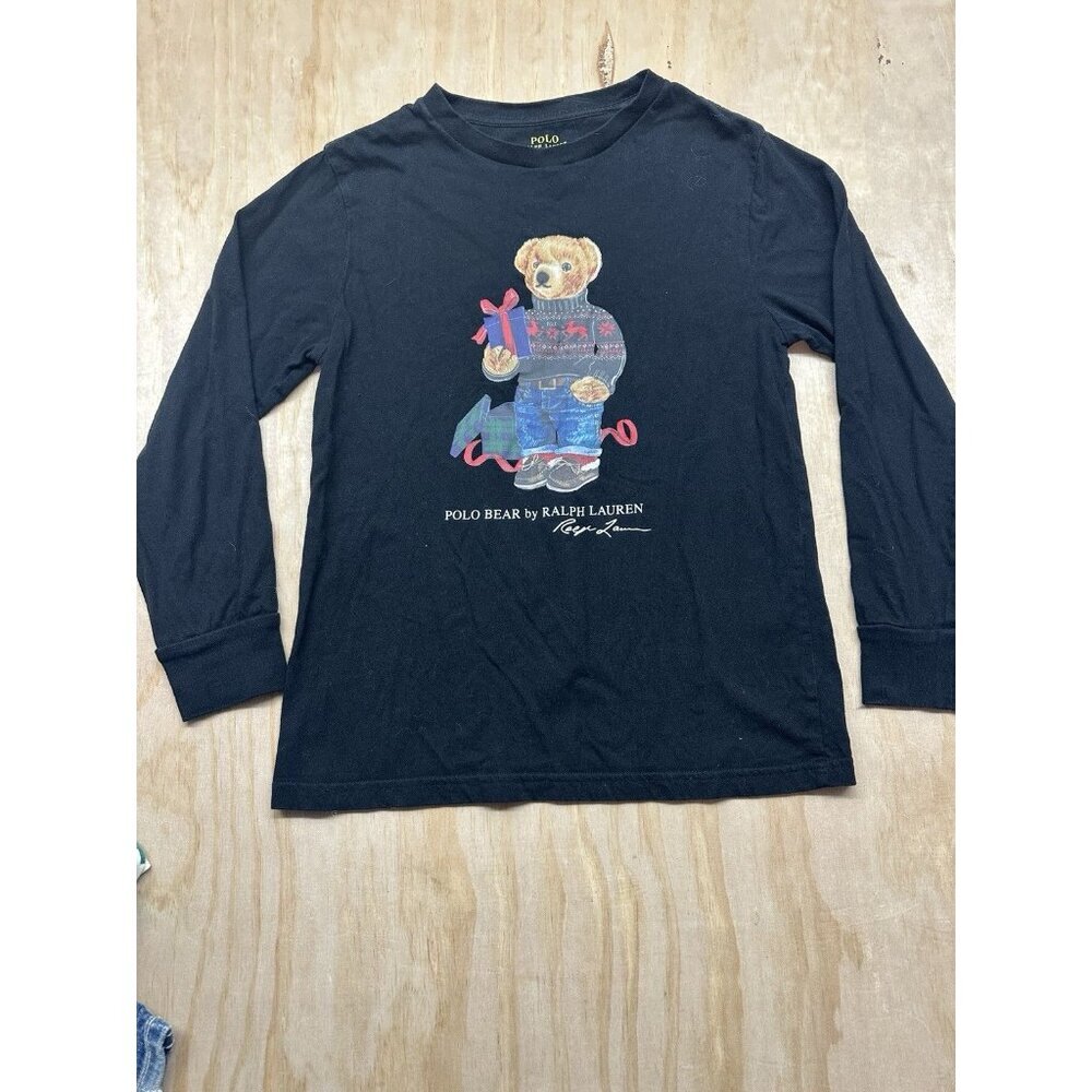 POLO RALPH LAUREN Christmas Black Long‎ Sleeve Polo Bear T-Shirt. Size 10-12